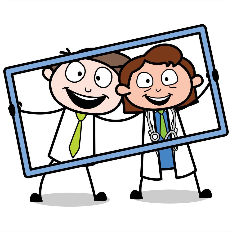 asset of a young businessman cartoon character who is in a photo frame with his partner vector