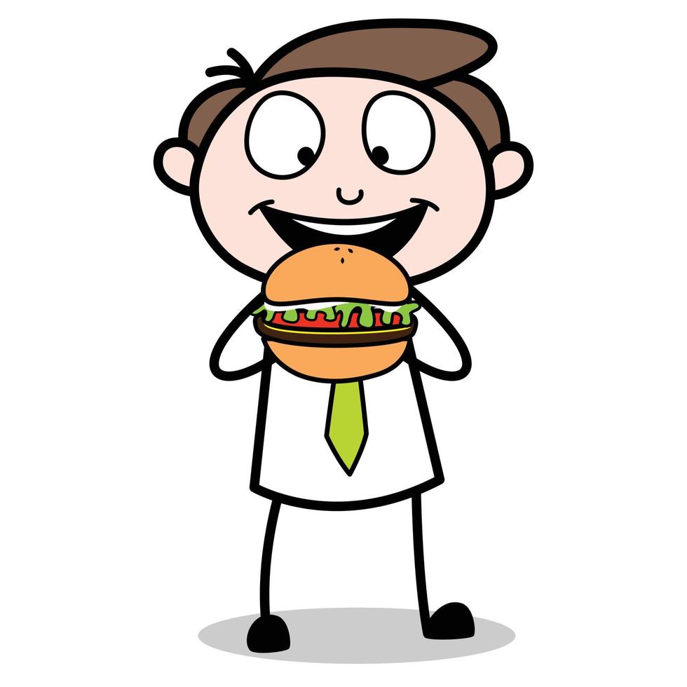 activo del personaje de dibujos animados joven empresario comiendo hamburguesa vector