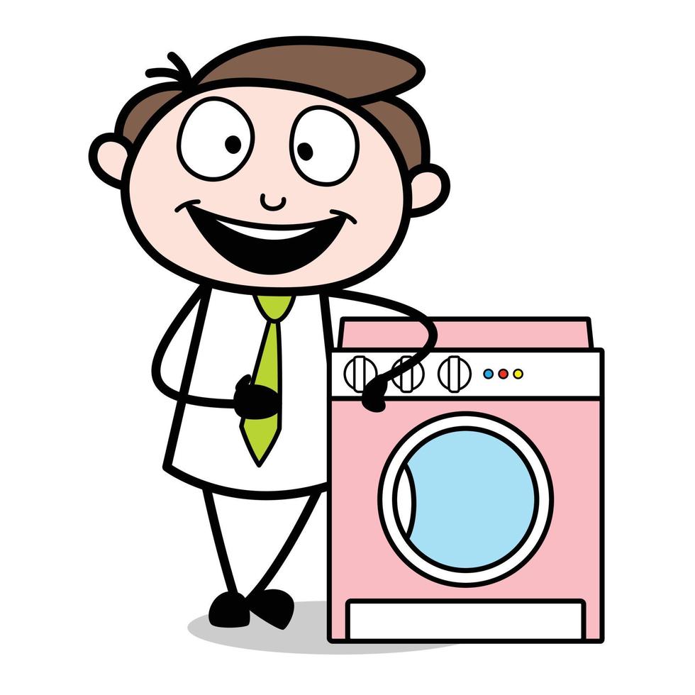 asset of a young businessman cartoon character washing using a washing machine vector