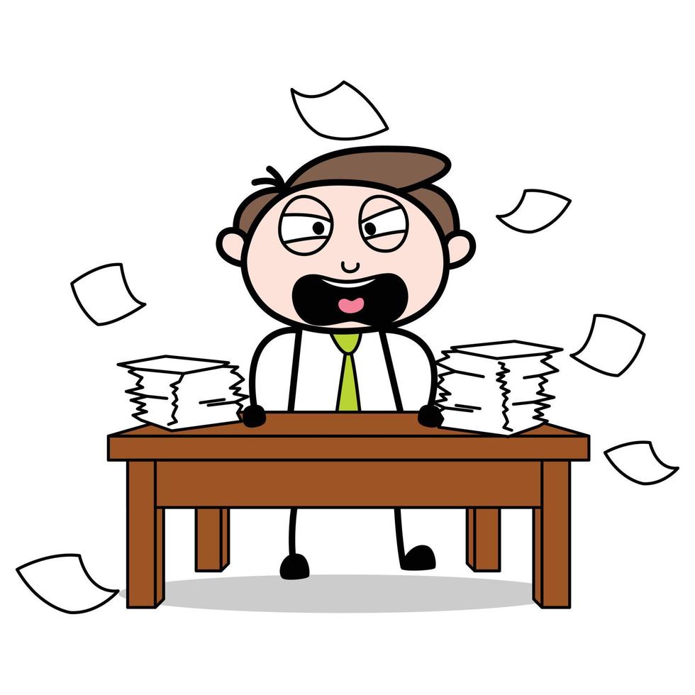 asset of a young businessman cartoon character who is tired because of too many tasks piling up vector