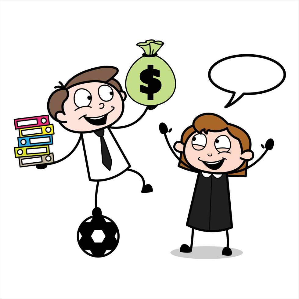 asset of a young businessman cartoon character carrying a lot of money and carrying some work reports while riding on a ball vector