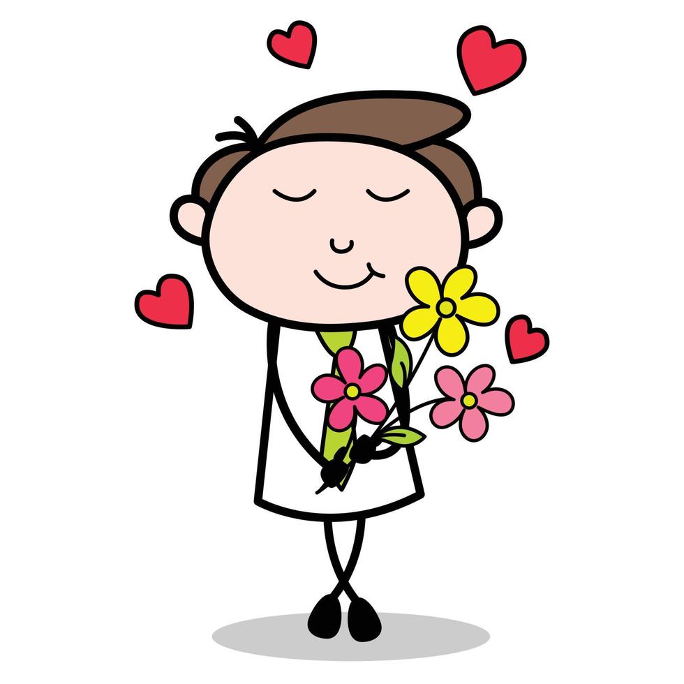 asset of a young businessman cartoon character who is happy because his partner has just given him flowers vector