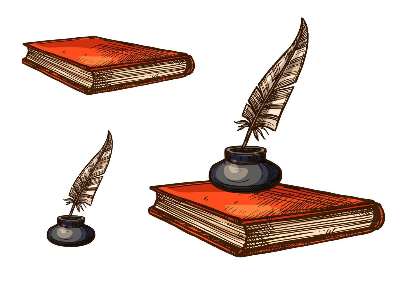 Book with old feather pen and inkwell sketch vector