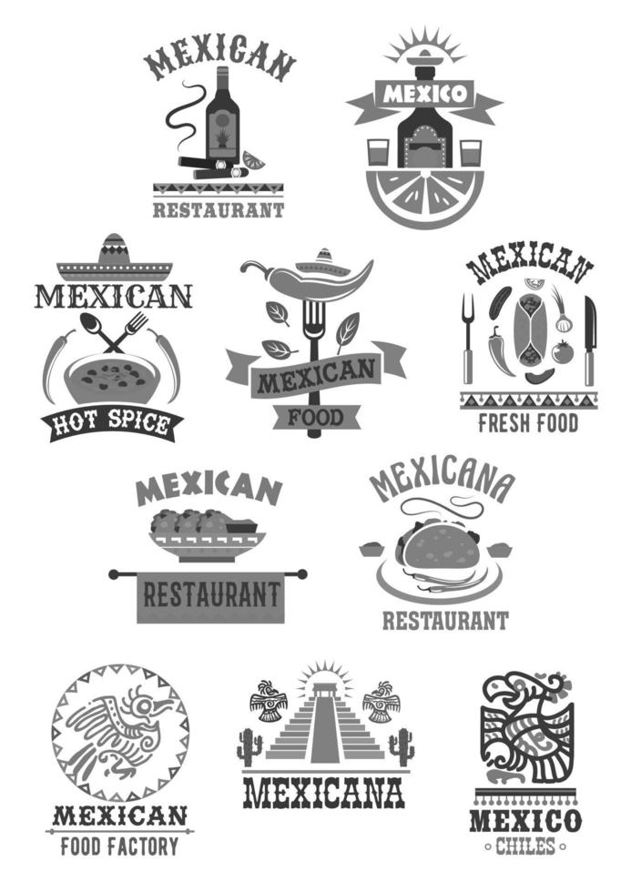 conjunto de iconos de vector de restaurante de cocina de comida mexicana