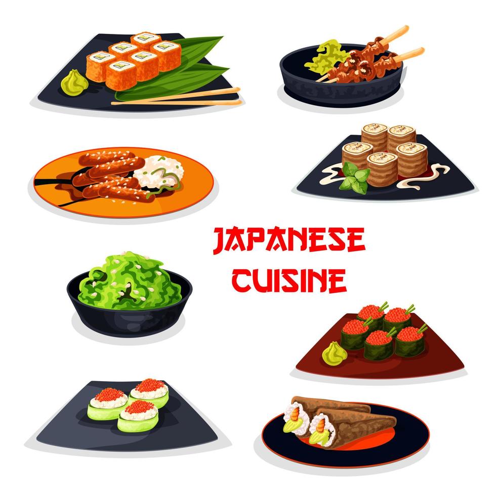 cocina japonesa sushi de mariscos, icono de platos de carne vector