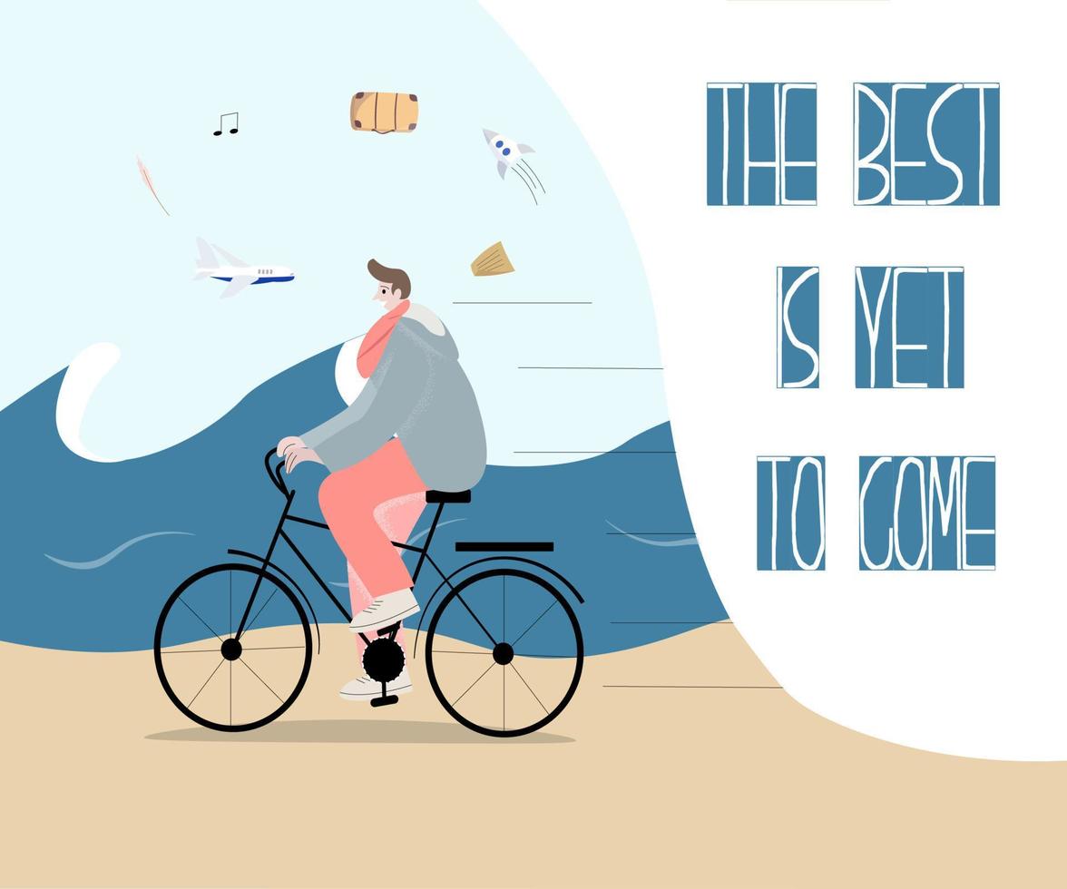 A young man rides a bicycle along the seashore, and overhead dreams. vector