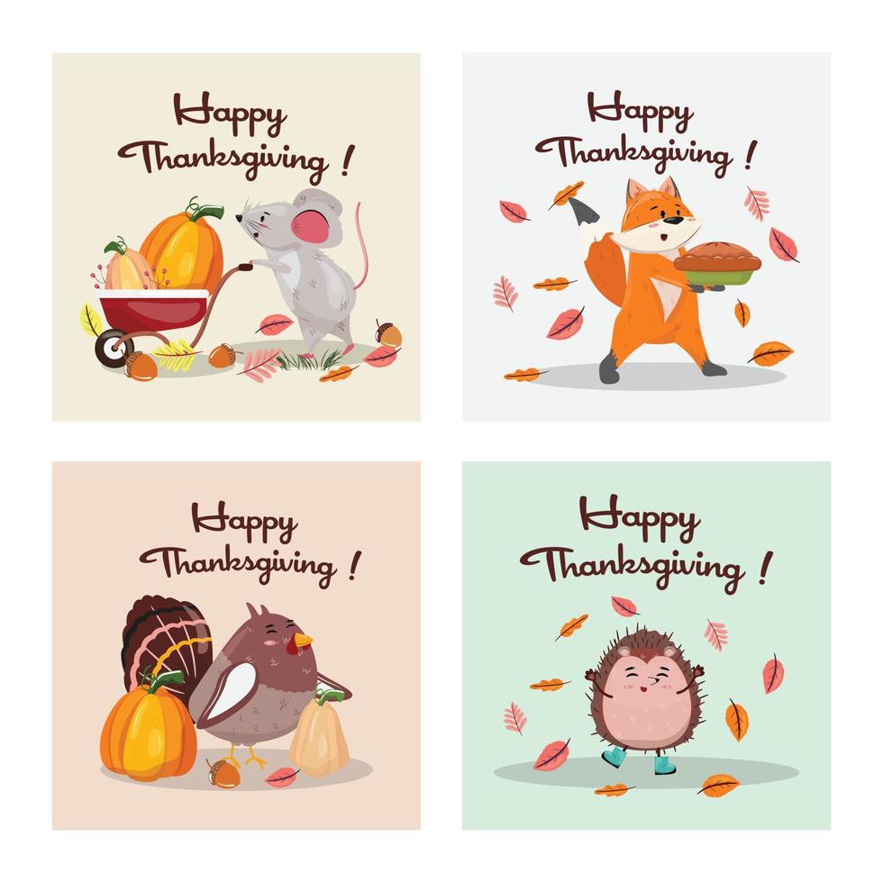 Collection of thanksgiving template with hedgehog, fox, turkey and mouse. Cartoon collection with animals for thanksgiving day. vector