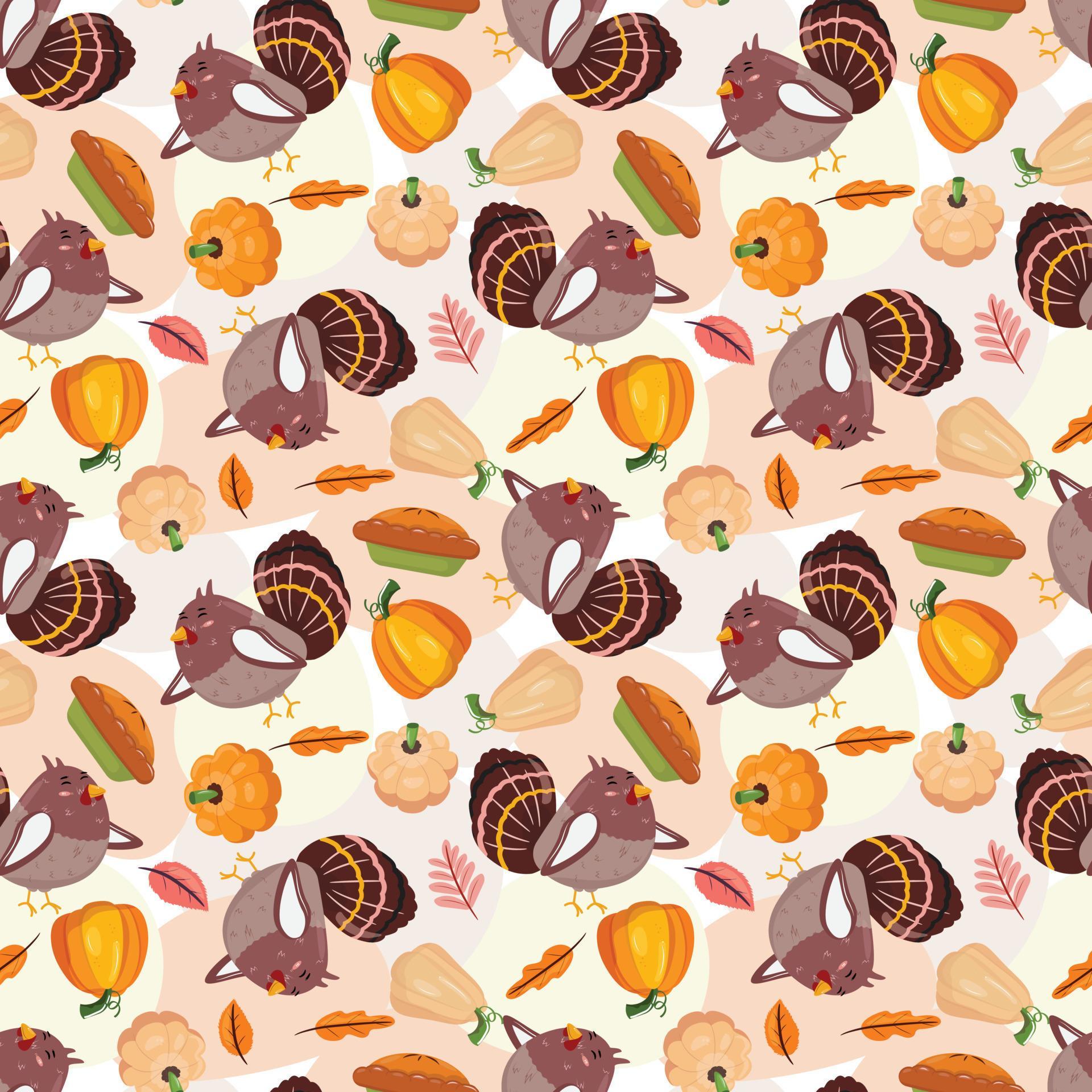 Thanksgiving day seamless pattern with a turkey, cake and autumn leaves ...