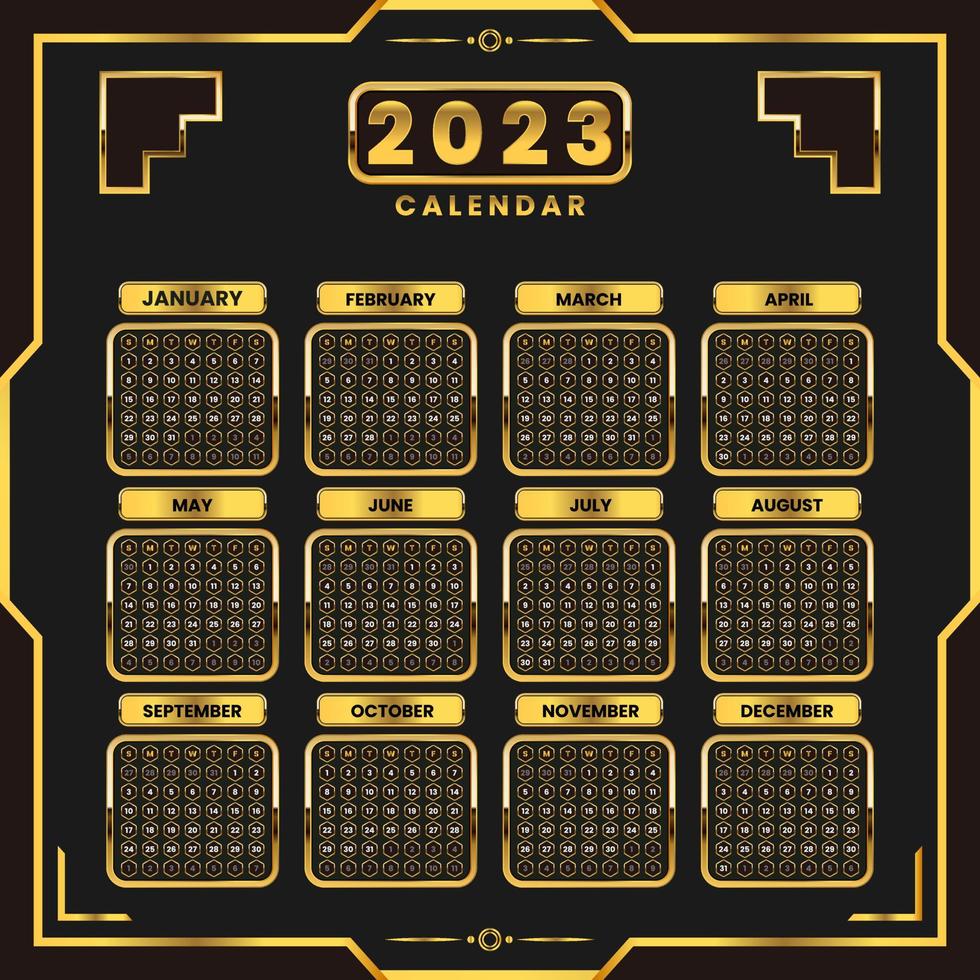 golden 2023 calendar template vector