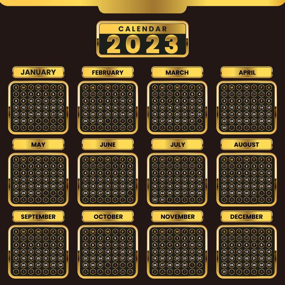 golden 2023 calendar template vector