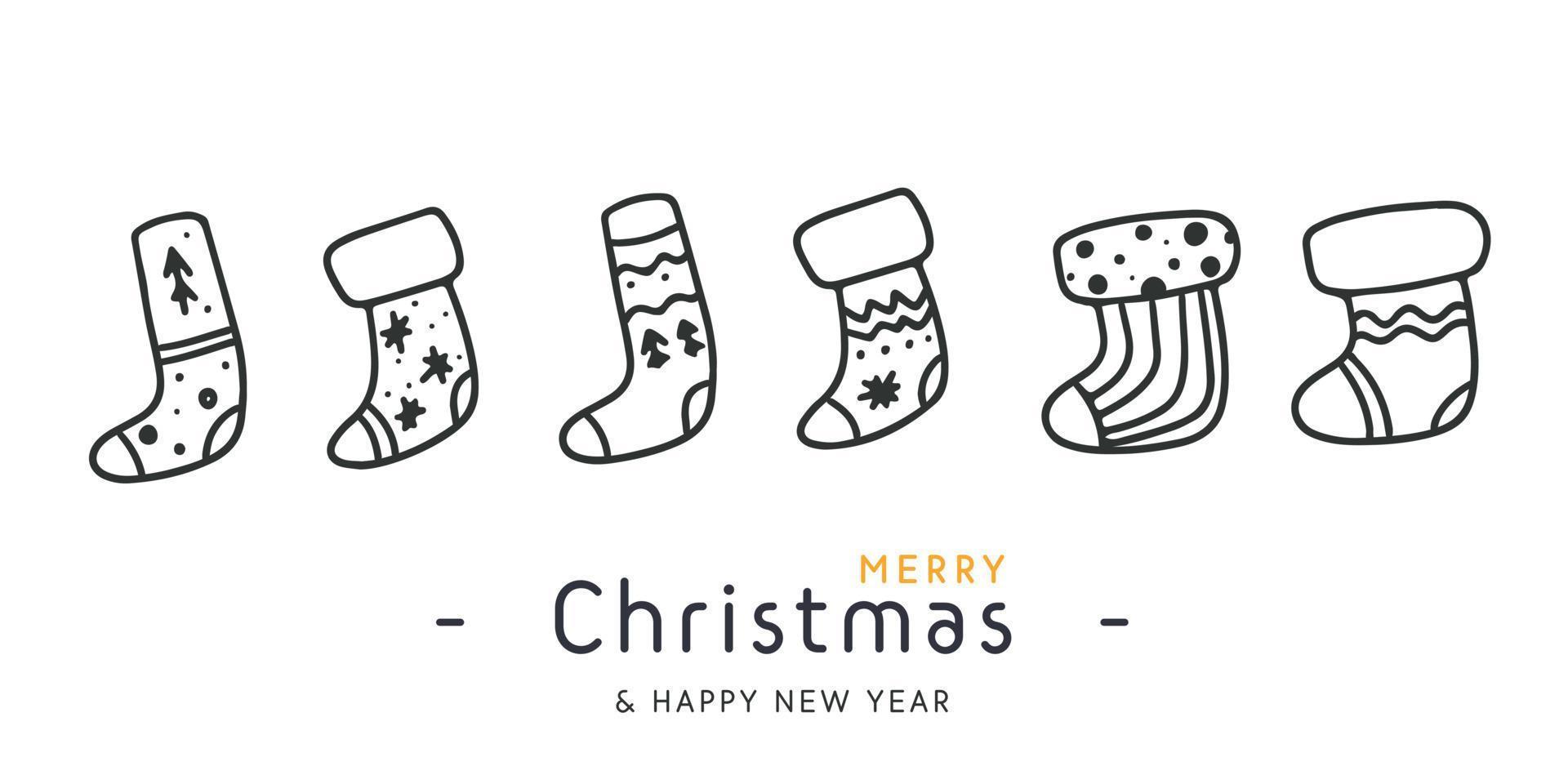 doodle feliz navidad juego de calcetines con diferentes patrones de diseño vector