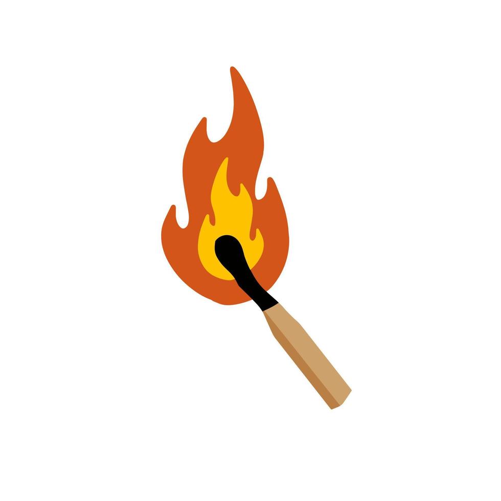 Burning match. Flame on wooden stick. Fire and ignition. Flat illustration isolated on white vector