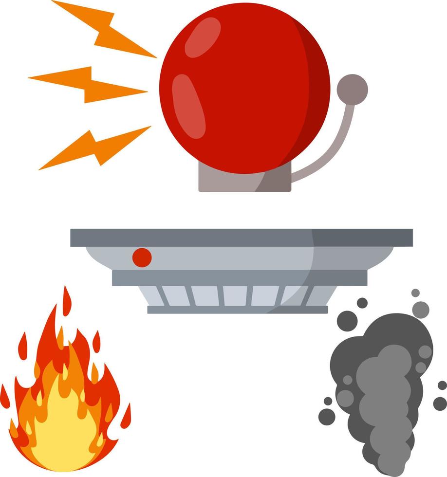 Fire safety. Set of items-Alarm siren ring, smoke sensor, flame. Dangerous situation. Accident protection. alert and problem. Cartoon flat illustration vector