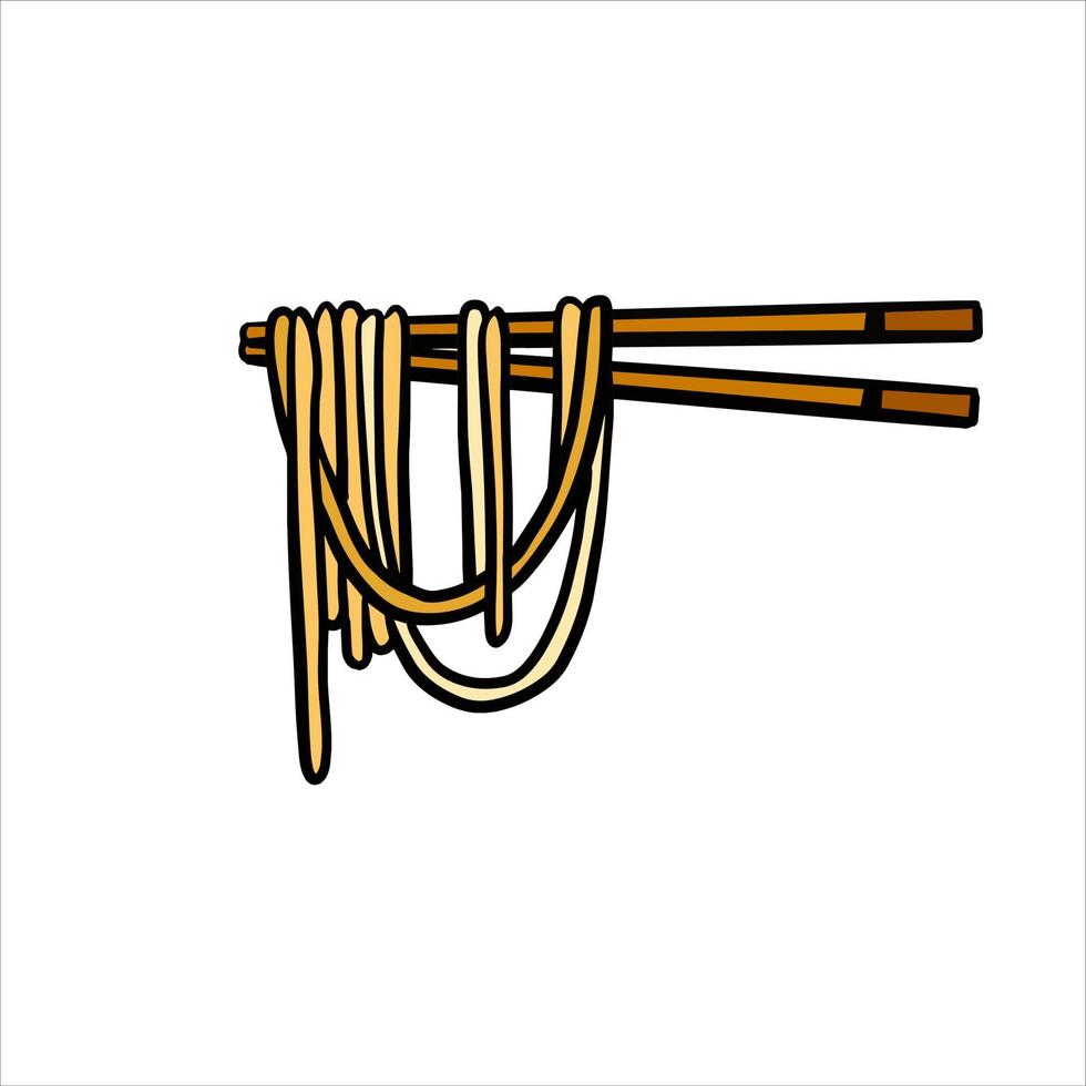 Ramen noodles and wooden sticks. Chopsticks with long pasta. Asian Japanese and Chinese food. Cartoon illustration vector