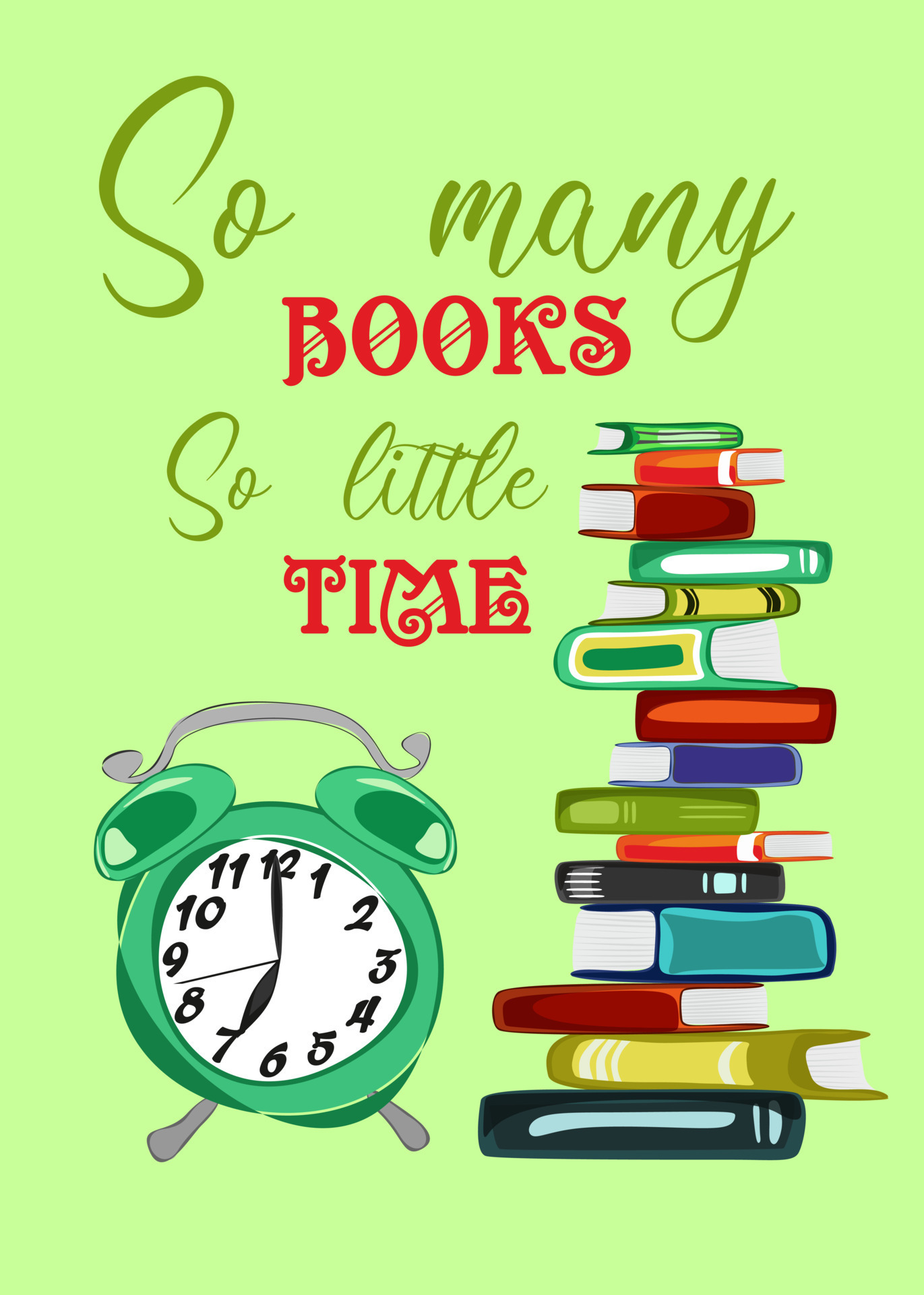 Vector poster with a large stack of books and alarm. so many books so