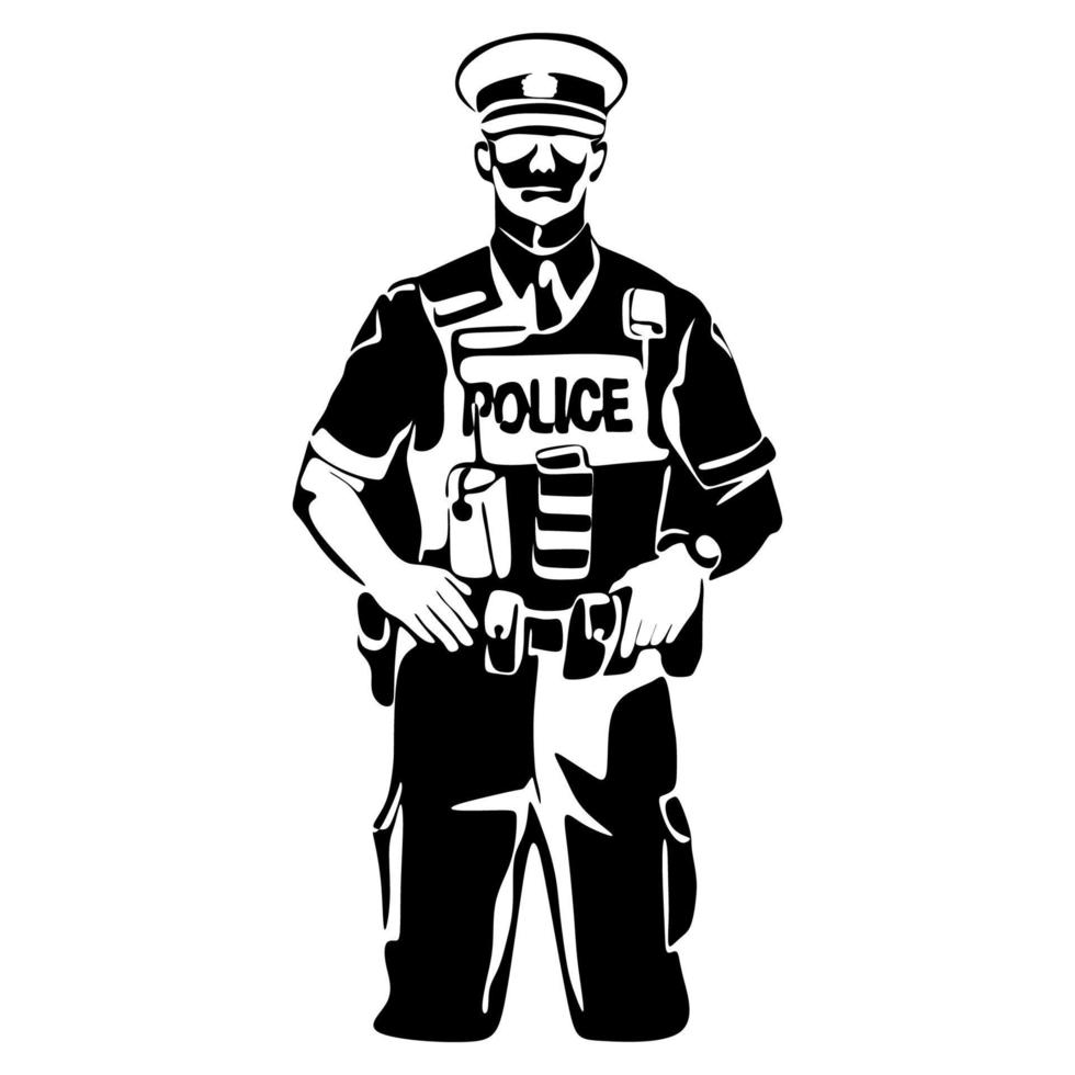 Policeman officer on duty vector silhouette illustration isolated on white background. Police man in uniform in patrol. Security service member protect people. Law and order.