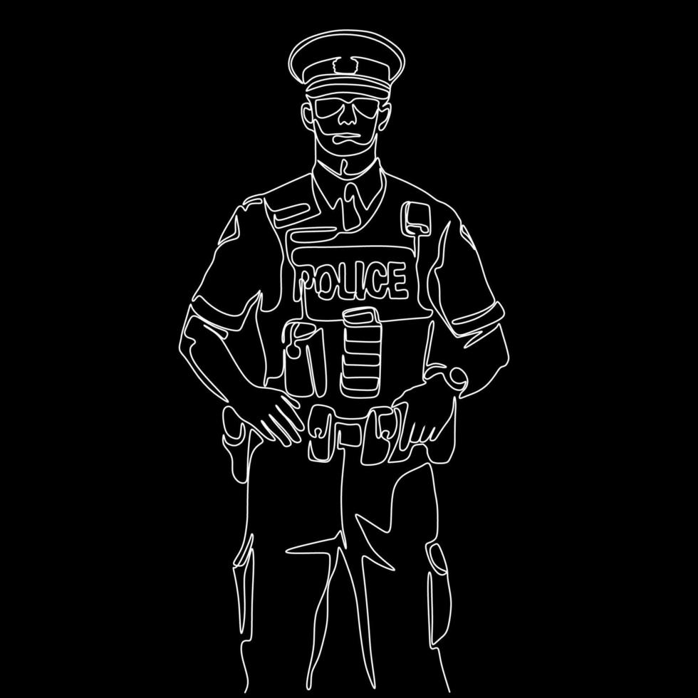 One continuous single drawn art line minimalism doodle hand character lifeguard rescue policeman military in summer uniform. Safety Security Concept. vector
