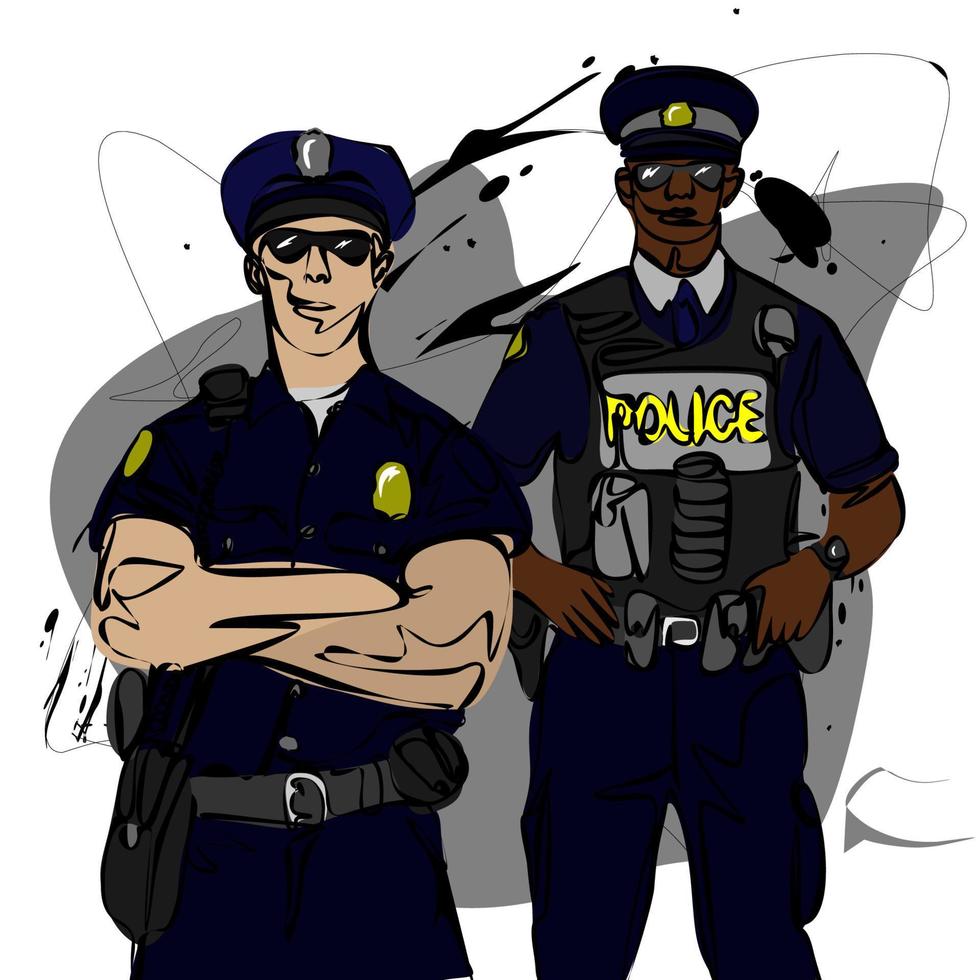 Two Policemen pop art style vector illustration. Comic book style imitation. National police day concept. Cartoon character lifeguard rescue european and african american race policemen