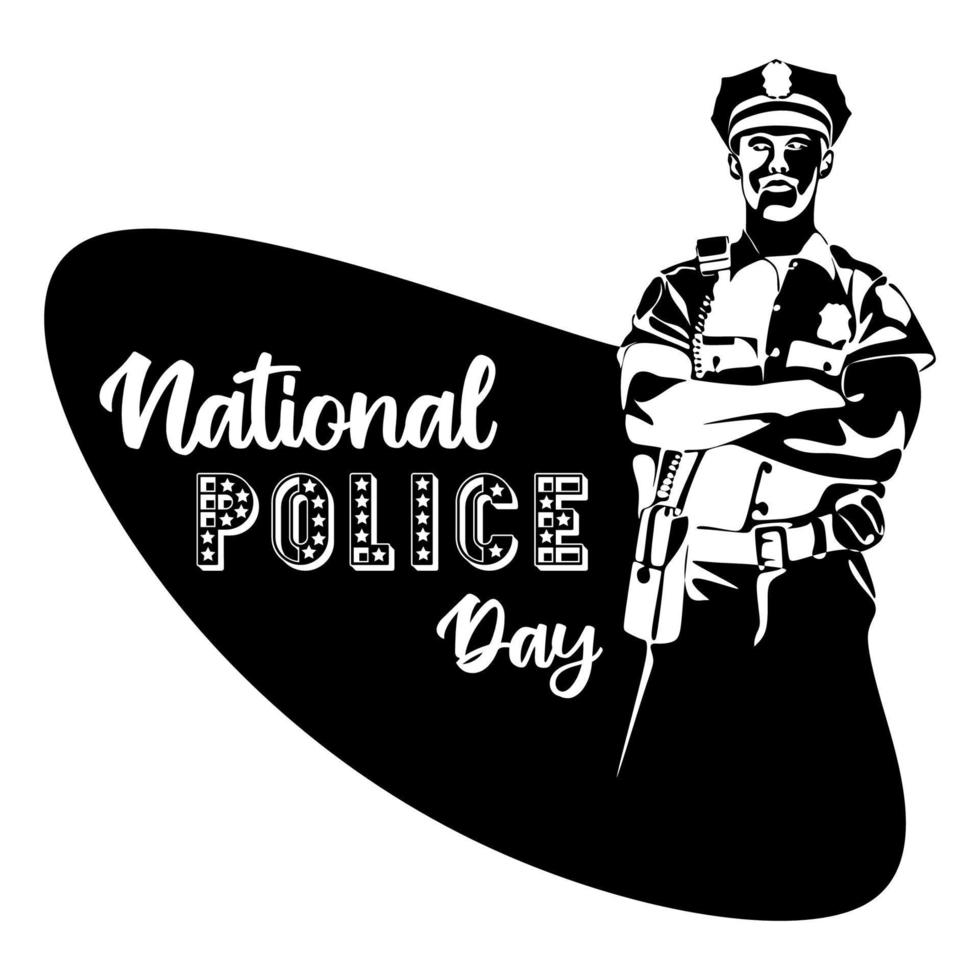 Policeman officer on duty vector silhouette illustration isolated on white background. Police man in uniform in patrol. Security service member protect people. National police day concept