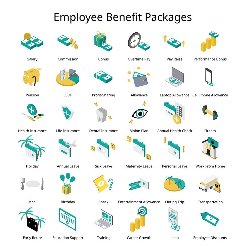 Set of isometric Employee Benefit package for employee icon vector