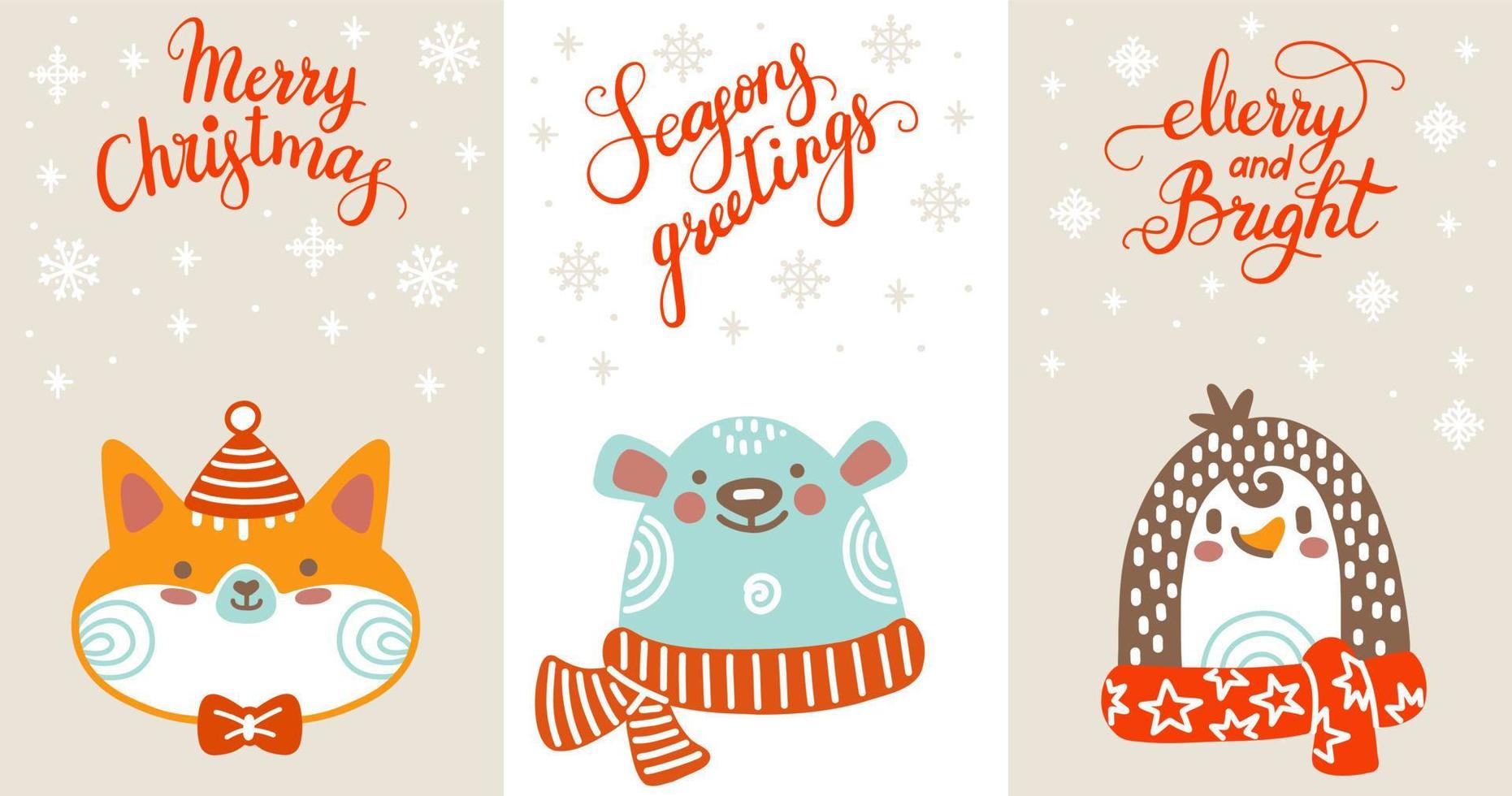 Set of christmas vertical cards cute characters vector illustration