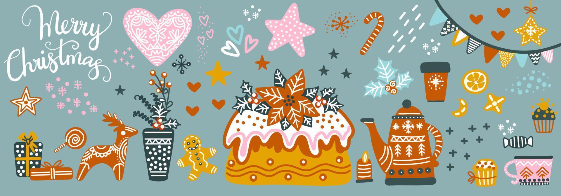 Christmas horizontal card with cake vector illustration