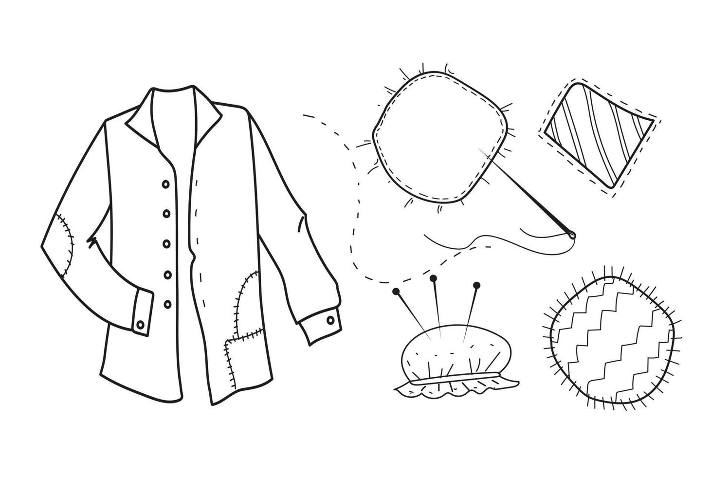 Mending clothes.Vector doodle hand drawn set of sewing cloth patches. vector