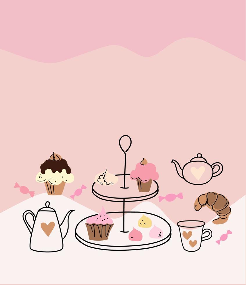 puesto de té de la tarde con pasteles, íconos de cafetería de postres. vector