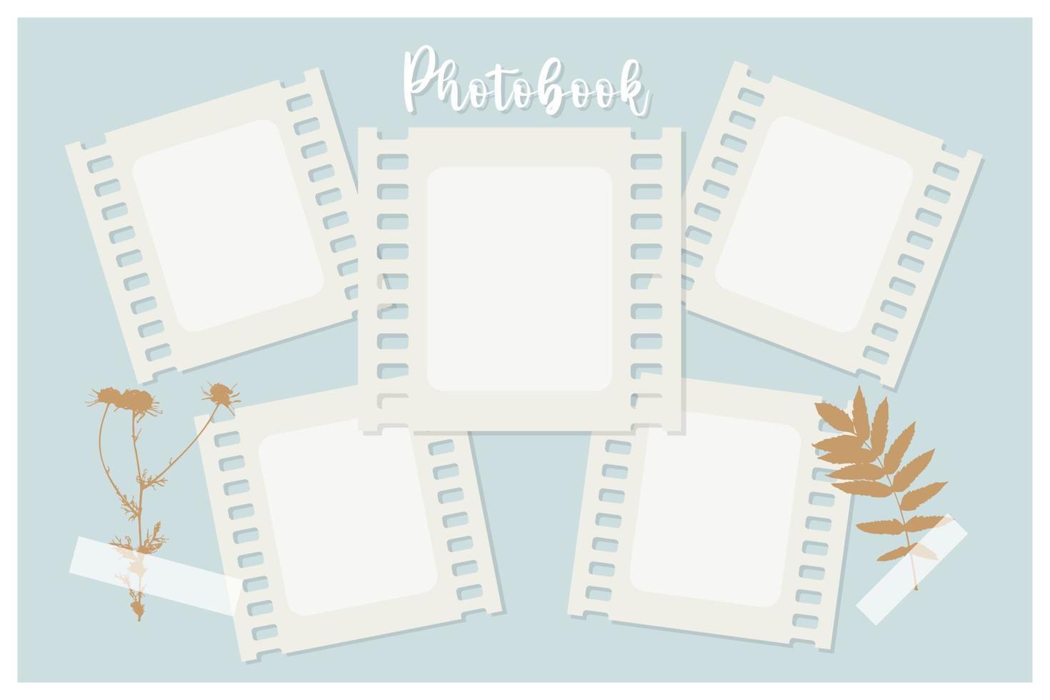 Photobook Frame for collage, film, photo frame, camomile print, herbarium. vector