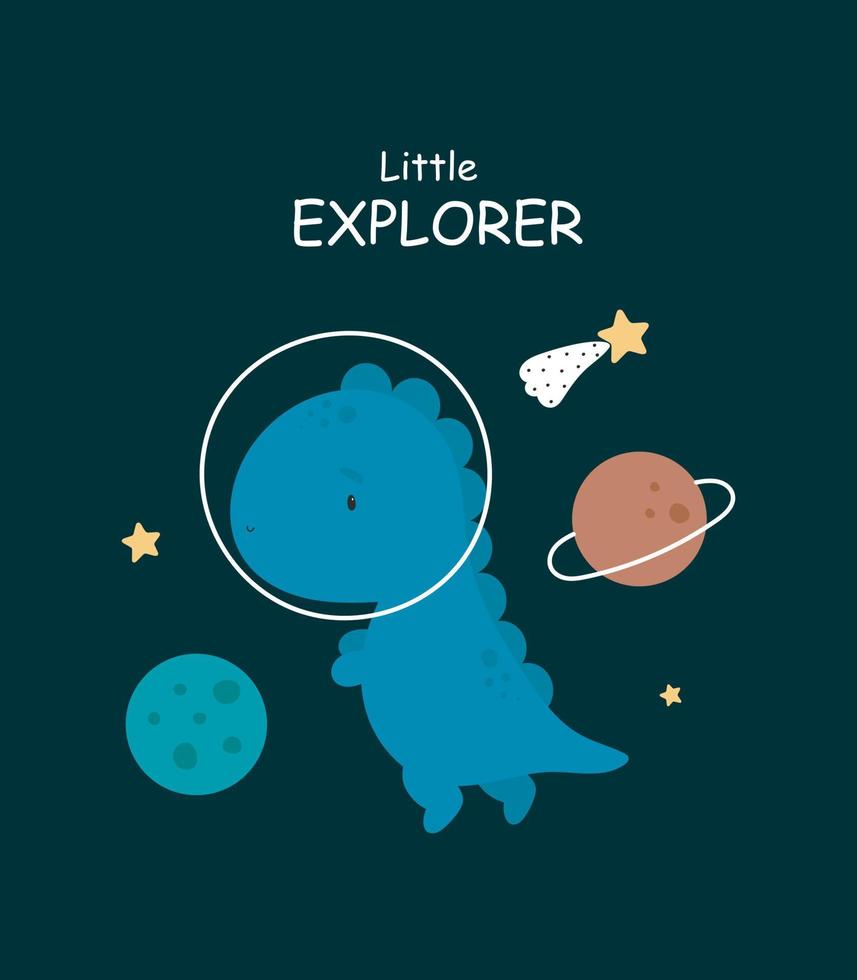 Cute cartoon poster with cute dinosaur in space. Vector illustration. For kids stuff, card, posters, banners, children books, printing on the pack, printing on clothes, fabric, wallpaper, textile.