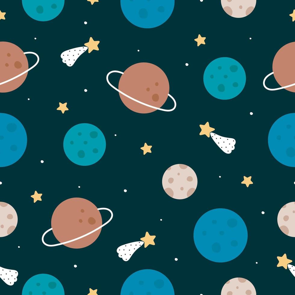 Seamless pattern with planets. Vector illustration in cartoon style. For card, posters, banners, printing on the pack, printing on clothes, fabric, wallpaper