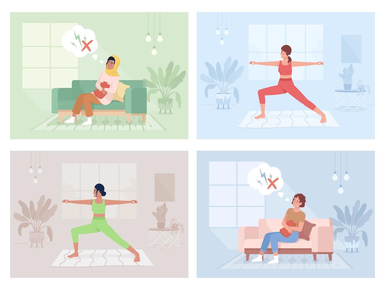 Menstrual pain and sports activity flat color vector illustrations set. Ways to relieve cramps during period. Fully editable 2D simple cartoon characters with home interior on background