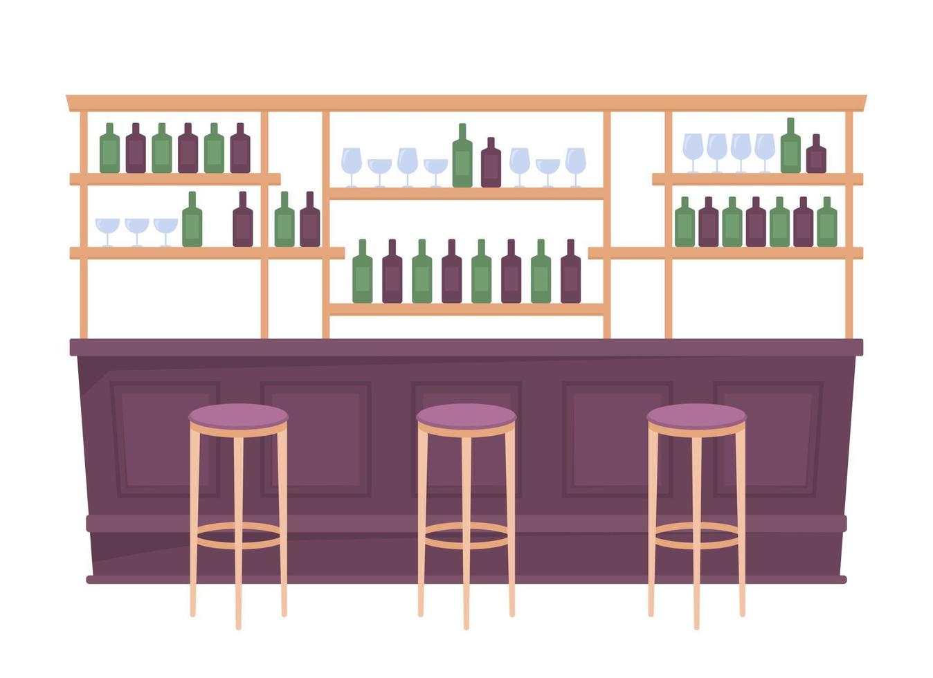 arreglo de barras objeto de vector de color semiplano. artículo de tamaño completo en blanco. elemento de interiores. botellas de almacenamiento de bebidas alcohólicas ilustración de estilo de dibujos animados simple para diseño gráfico web y animación