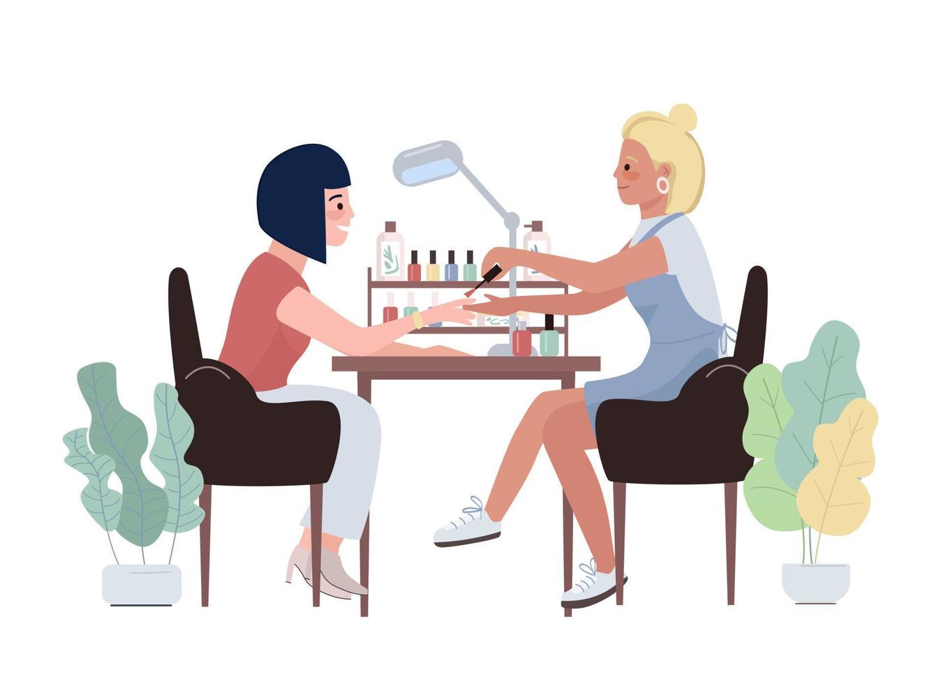 Manicure procedure 2D vector isolated illustration. Beauty salon flat characters on cartoon background. Hands treatment service colourful editable scene for mobile, website, presentation