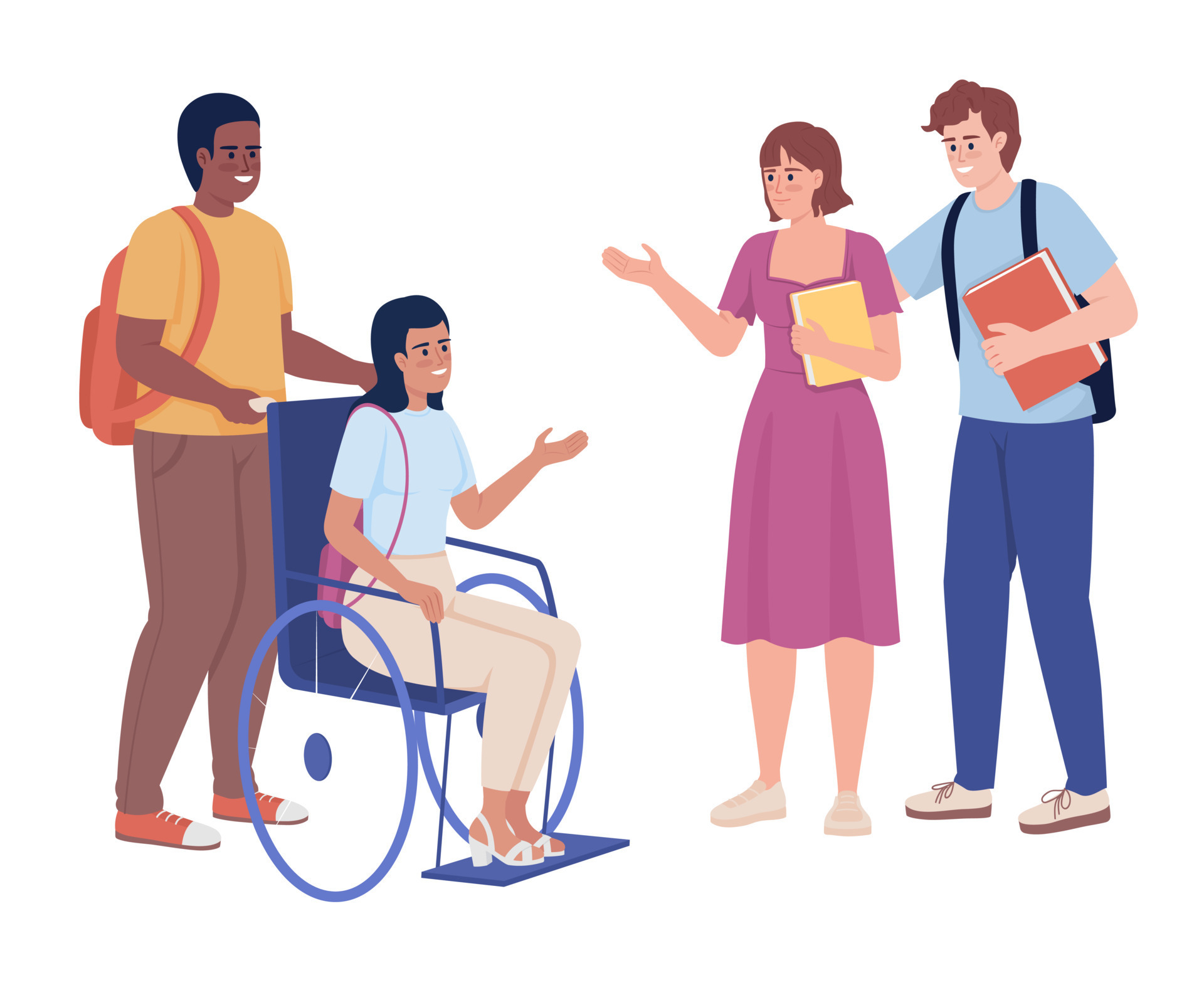 Students interaction semi flat color vector characters. Editable