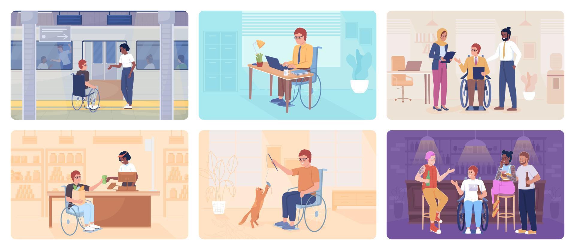 Disabled person lifestyle 2D vector isolated illustration set. Social inclusion flat characters on cartoon background. Routine colourful editable scenes collection for mobile, website, presentation