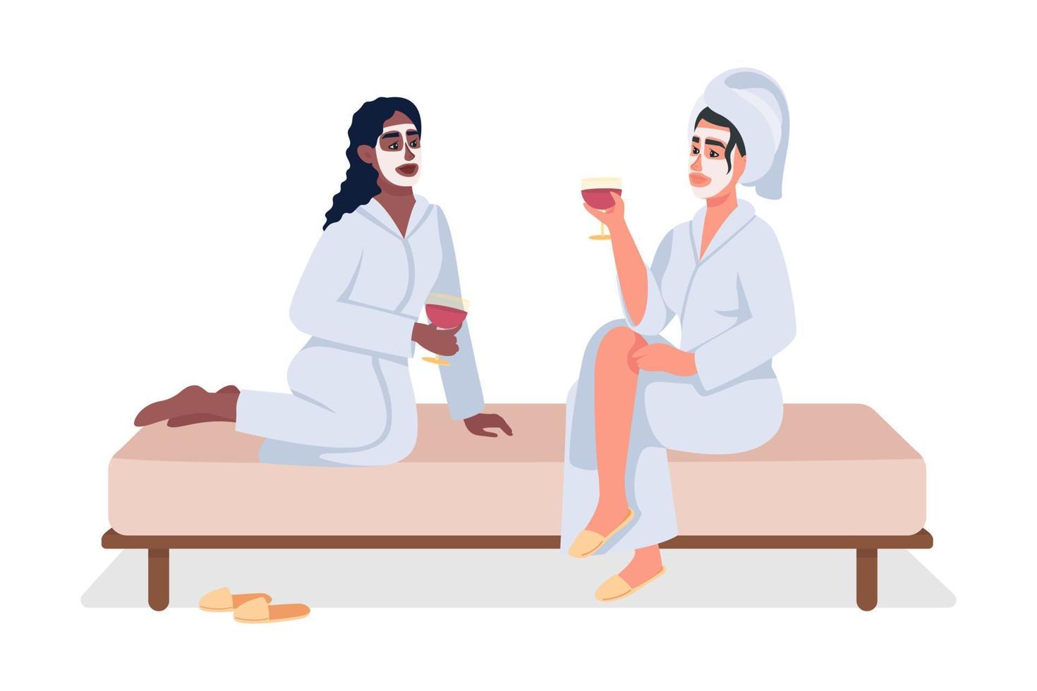 amigos relajándose en el spa 2d vector ilustración aislada. tiempo de recreación en el salón de belleza personajes planos sobre fondo de dibujos animados. fiesta de chicas colorida escena editable para móvil, sitio web, presentación