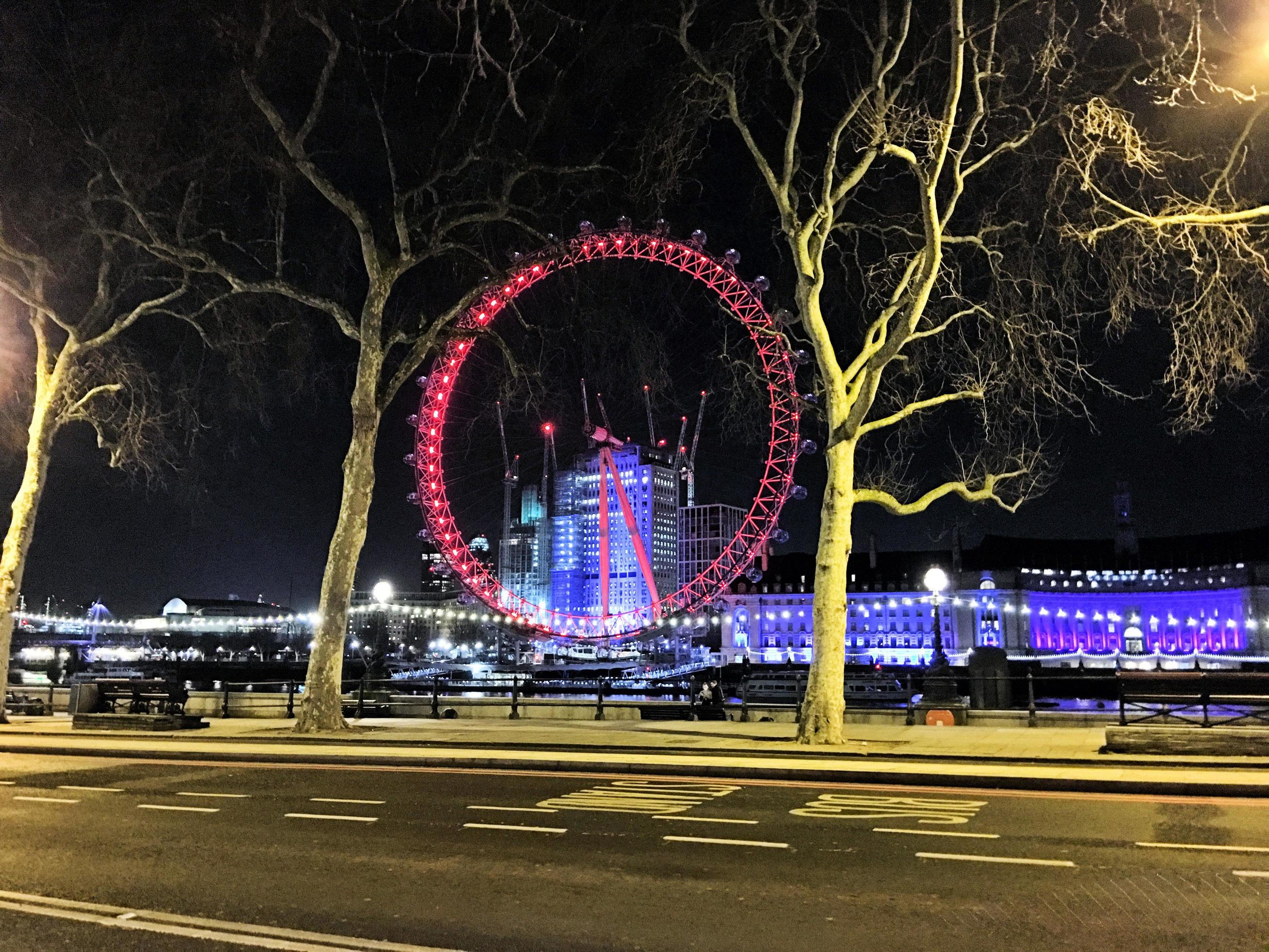 London in the UK in March 2018. A view of the London Eye at night