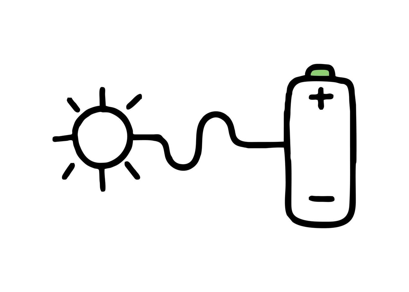 The sun and the battery. Co2 concept of climate change. Recycling. Vector isolated doodle