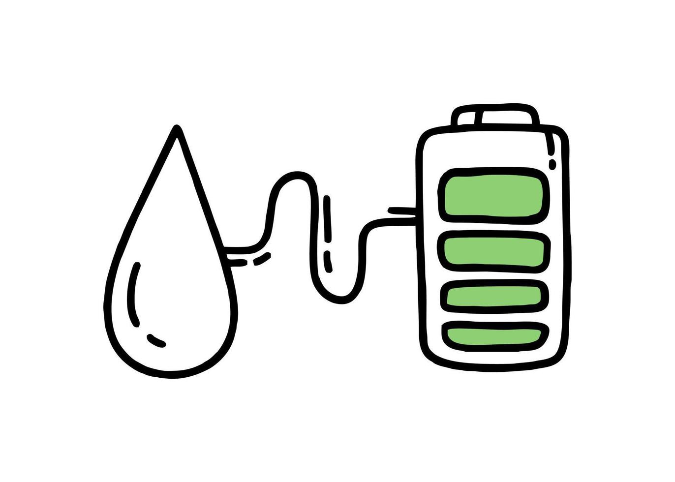 A battery with a charge and a drop of water. Co2 concept of climate change. Recycling. Vector isolated doodle