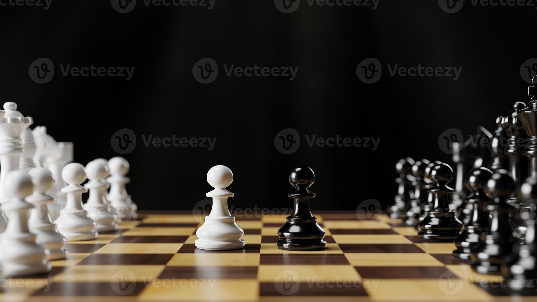 Black and white chess pieces on a chessboard. 3D rendering illustration. photo