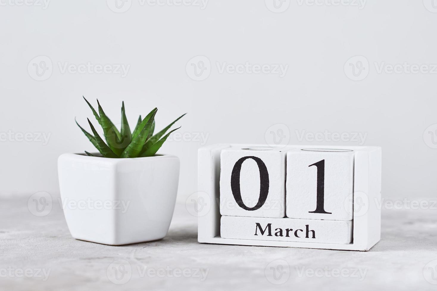 Wooden block calendar with date 1 march and plant on the table. Spring concept photo