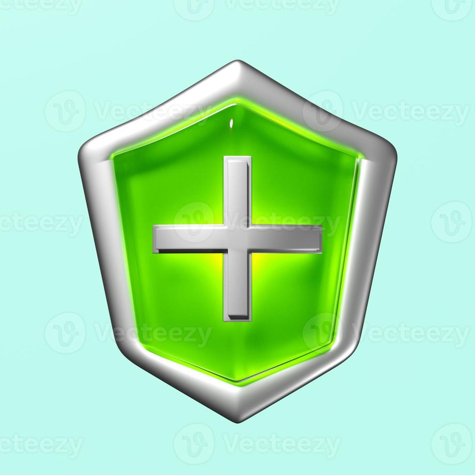 icono 3d para protección de la salud escudo verde con cruz, protección contra bacterias, defensa contra gérmenes, seguro de salud, símbolo de escudo de metal protegido por la salud aislado en fondo verde. renderizado 3d foto