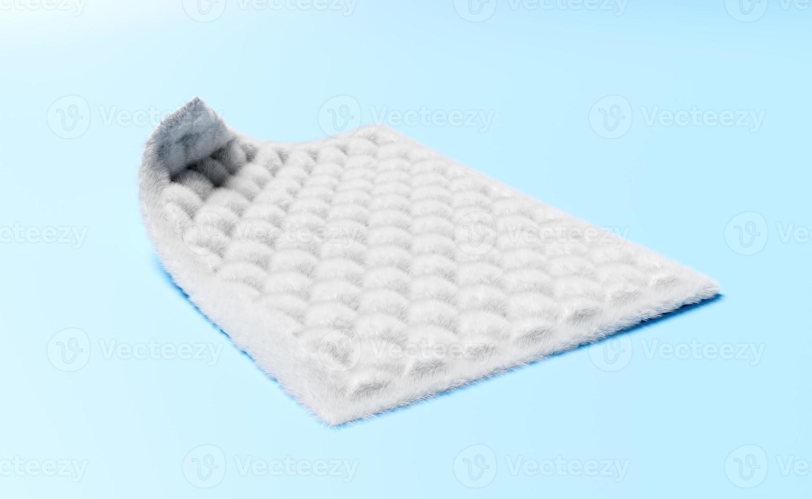 3d synthetic fiber hair, water droplets on absorbent pad isolated on blue background. support cooling, baby diaper adult concept, 3d render illustration photo