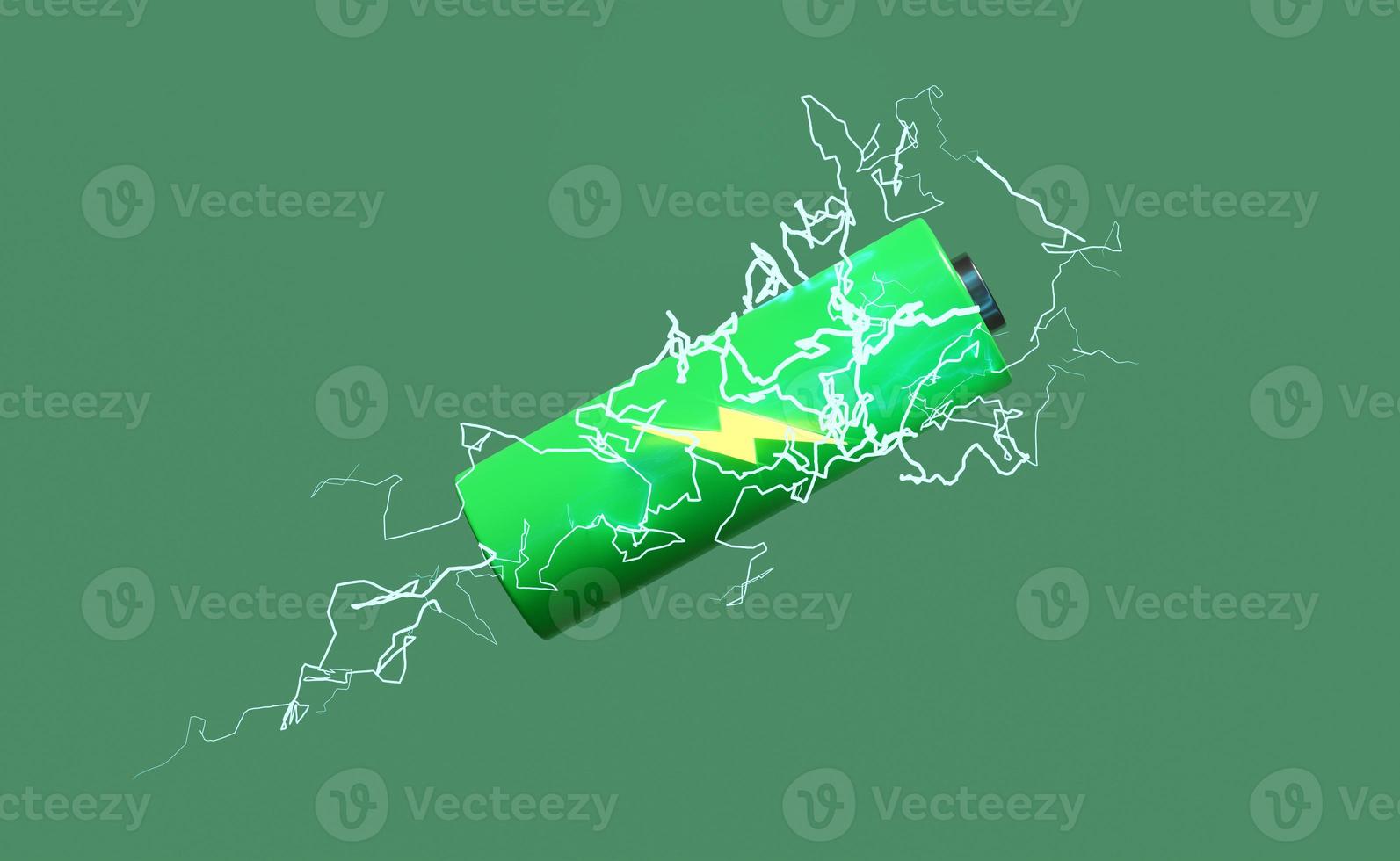 indicador de carga de la batería con trueno aislado sobre fondo verde. concepto de tecnología de batería de carga, ilustración 3d, presentación 3d foto