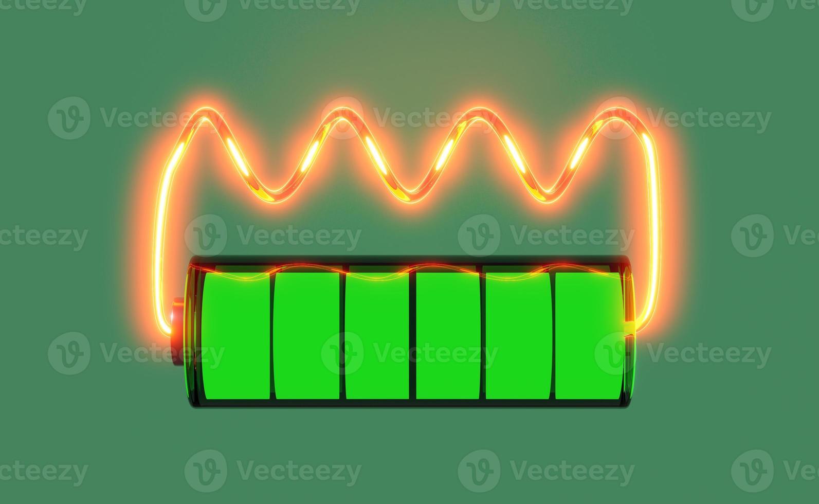 3d Battery charge indicator with wire isolated on green background.  battery short circuit concept, 3d render illustration photo