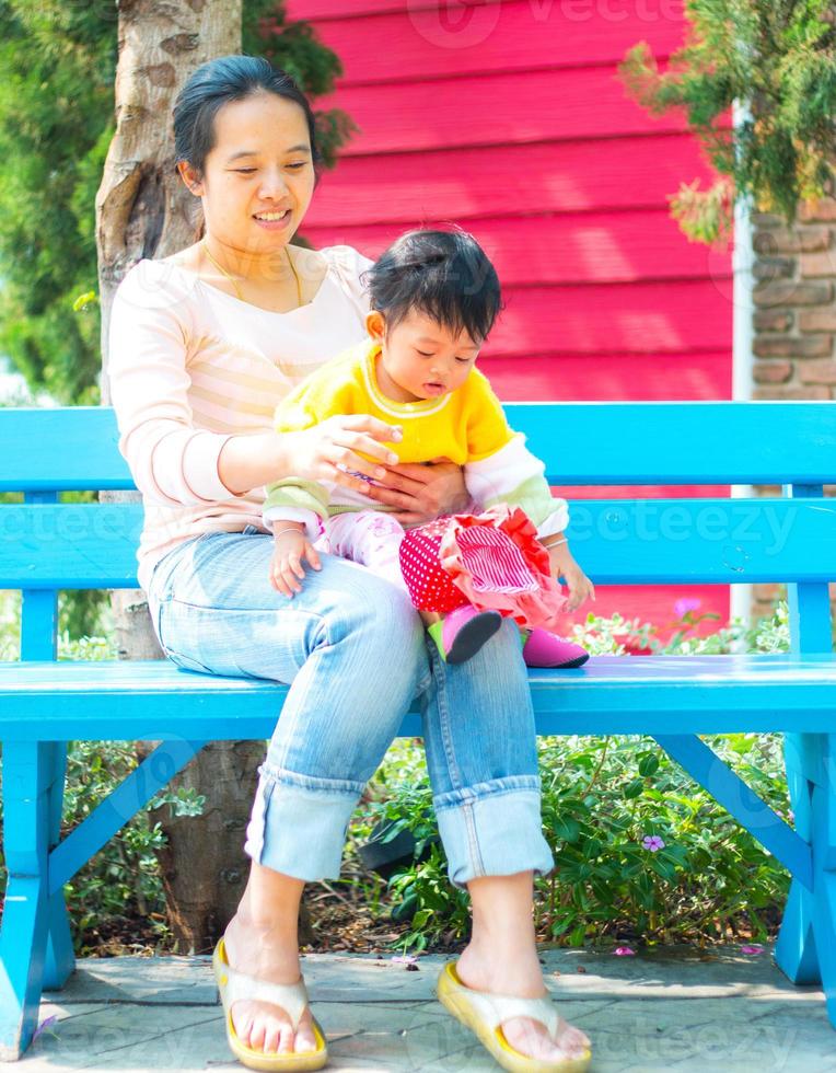 Smiling mother and little daughter on nature. photo