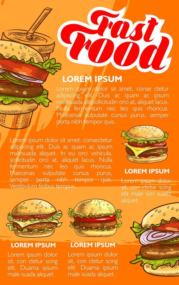 plantilla de banner de menú de hamburguesas y bebidas de comida rápida vector