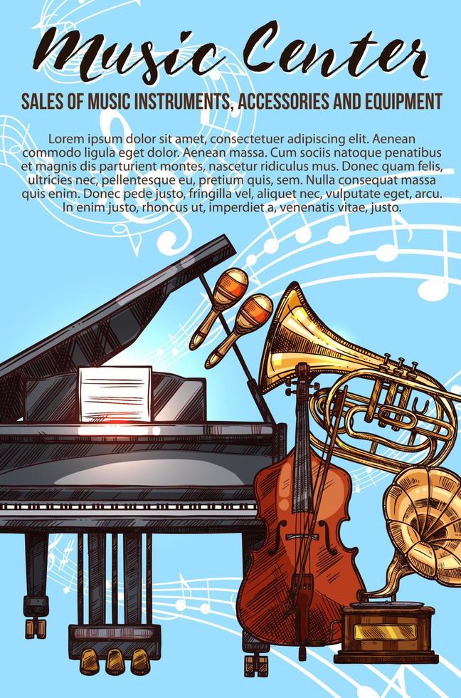 banner de boceto de instrumento musical con notas musicales vector