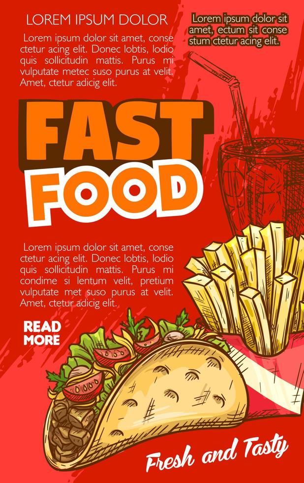 tacos vectoriales de comida rápida o menú de croquis de papas fritas vector
